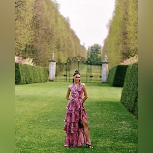 HUTCH Paige Sleeveless Halter Sequin Printed Tiered Wrap Maxi Dress - Picture 4 of 8